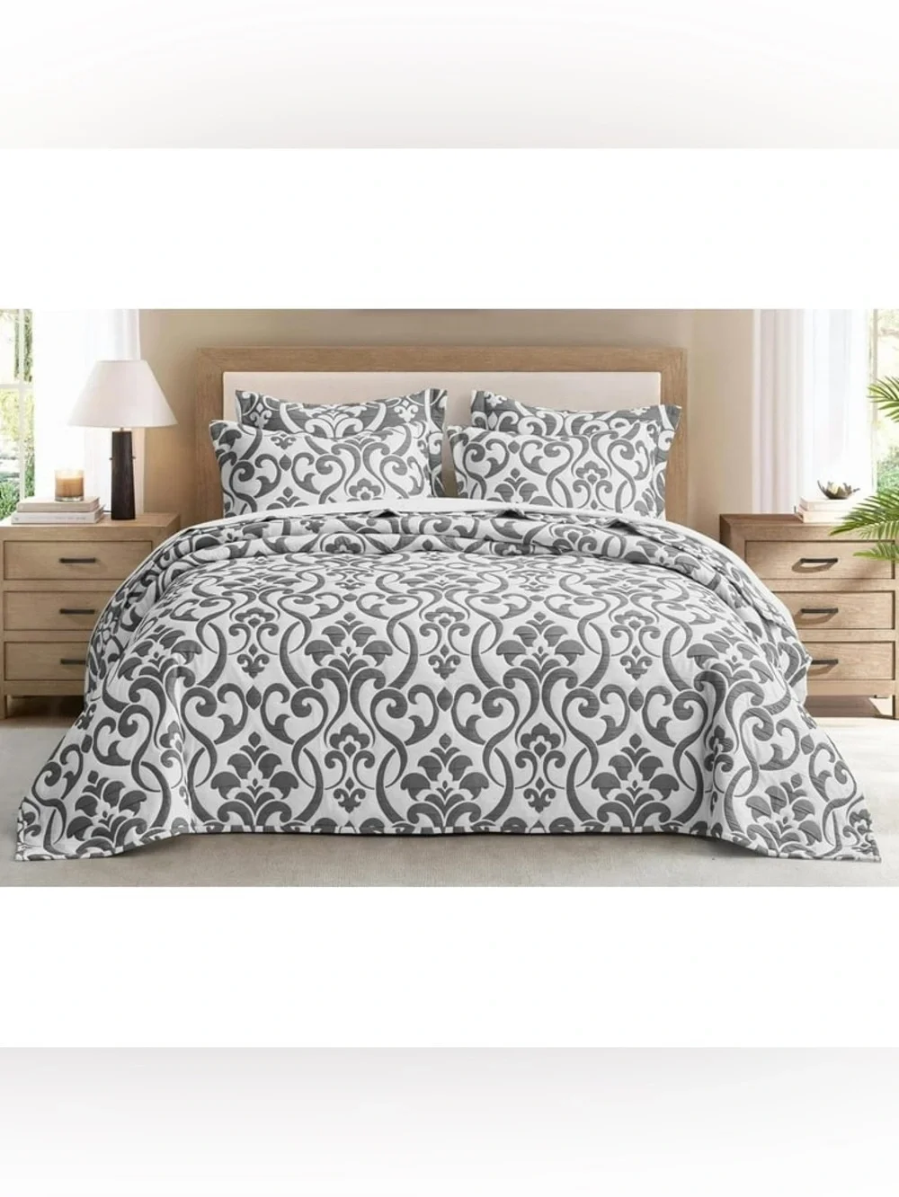 Gray and White Damask oversized king 5 piece quilt Set